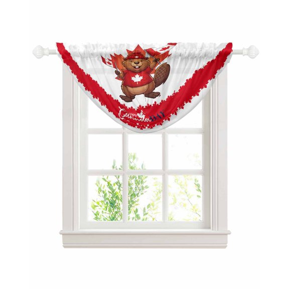Canada Beavers Sheer Waterfall Valance Curtains for Window, Modern Chic Maple Leaf Red Brown Rod Pocket Sheer Topper Swag Curtains for Living Room, Kitchen 38.5"W x 47.2"L, 1 Panel