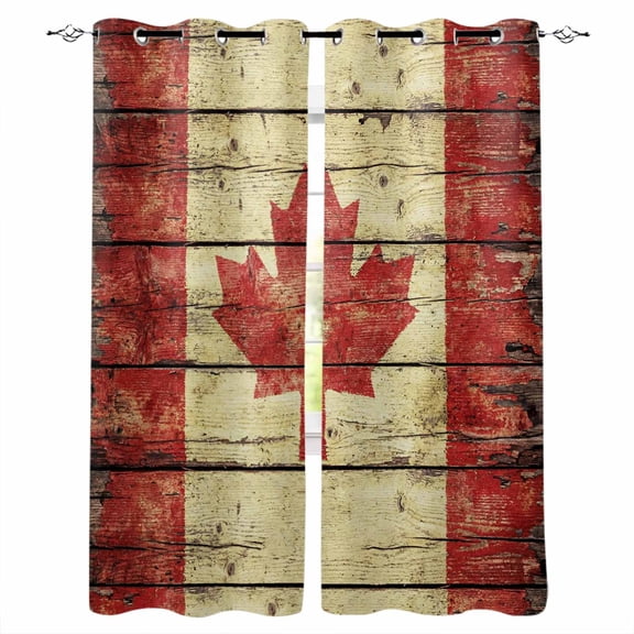 Canada Blackout Curtains for Bedroom Living Room Darkening Curtains 63 Inches Long Red Maple Leaf Flag Farmhouse Shabby Wooden Grain Window Curtain 2 Panels Set Window Treatment Drapes 42"x63"
