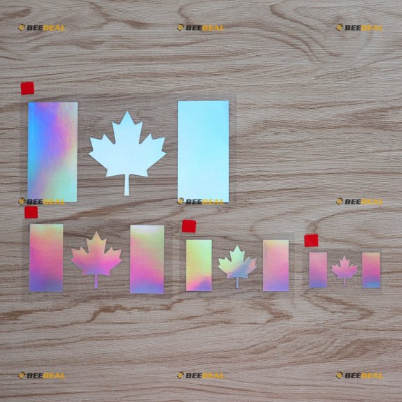 Canada Canadian Flag Maple Leaf Vinyl Decal Sticker - 4 Pack Holographic Iridescent, 2 Inches, 3 Inches, 4 Inches, 6 Inches - Car Boat Laptop Die Cut No Background