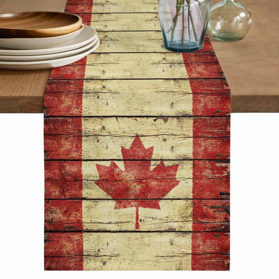 Canada Cotton Linen Table Runner for Dining Kitchen, Red Maple Leaf Flag Farmhouse Shabby Wooden Grain Wedding Outdoor Party Tablerunners, Dresser Scarf Coffee Tablecloth Runners 13x70 Inches