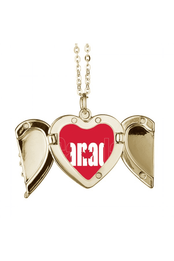 Canada Country Flag Name Art Deco Fashion Folded Wings Peach Heart Pendant Necklace