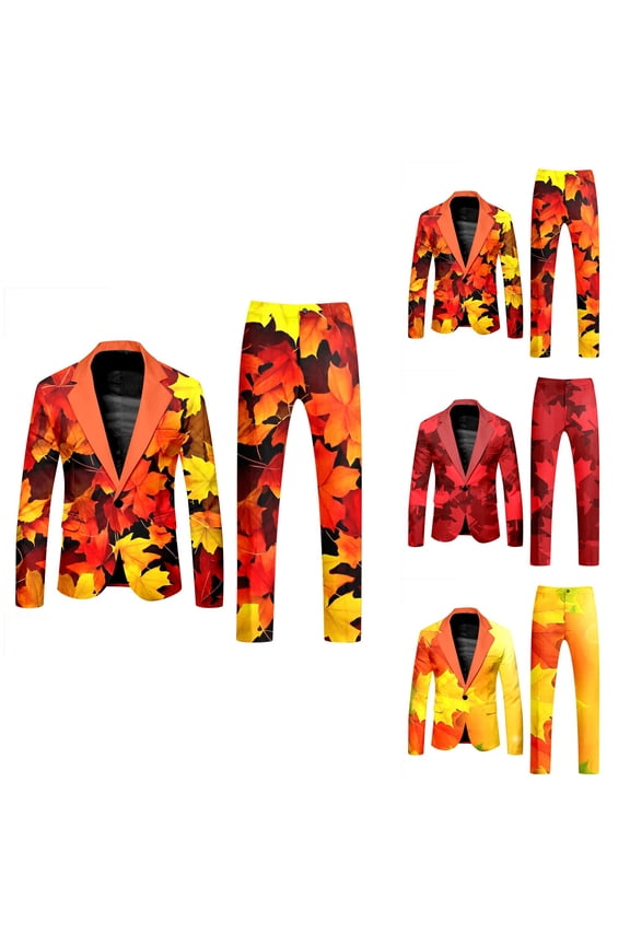 Canada Day Long Sleeve Tuxedo Suits for Men 2 Piece Maple Leaf Printed Lapel V Neck One Button Blazer and Pant Matching Set for Holiday Party Events
