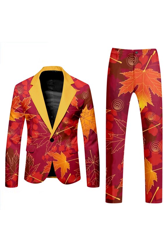 Canada Day Long Sleeve Tuxedo Suits for Men 2 Piece Maple Leaf Printed Lapel V Neck One Button Blazer and Pant Matching Set for Holiday Party Events