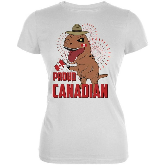 Canada Day Proud Canadian T-Rex Juniors Soft T Shirt White MD