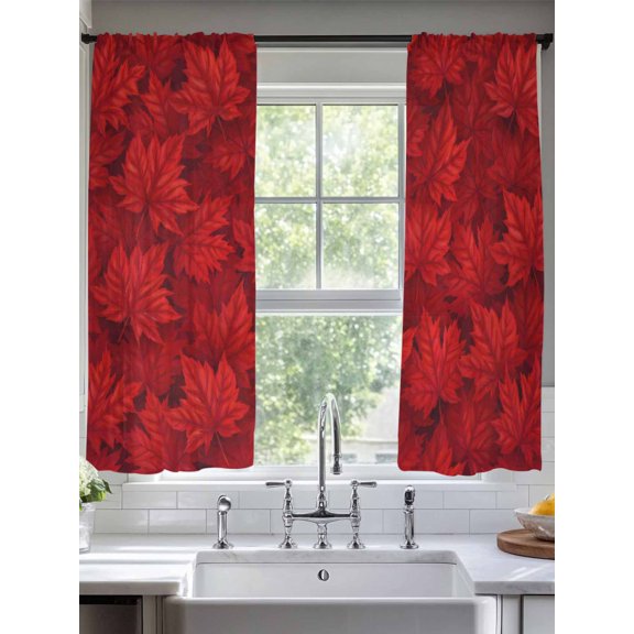 Canada Day Red Maple Leaves Sheer Curtains 2 Panels Set Watercolor Leaf Seamless Lihgt Filtering Rod Pocket Voile Drape,Semi Sheer Window Curtains for Bedroom Living Room,52"x72"