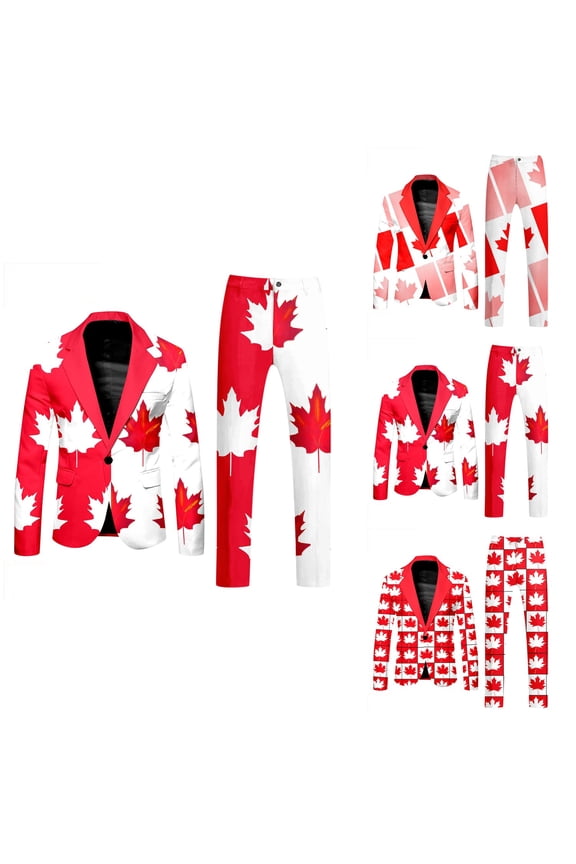 Canada Day Tuxedo Suits for Men 2 Piece Maple Leaf Printed Lapel V Neck One Button Blazer and Pant Matching Set for Holiday Party Events