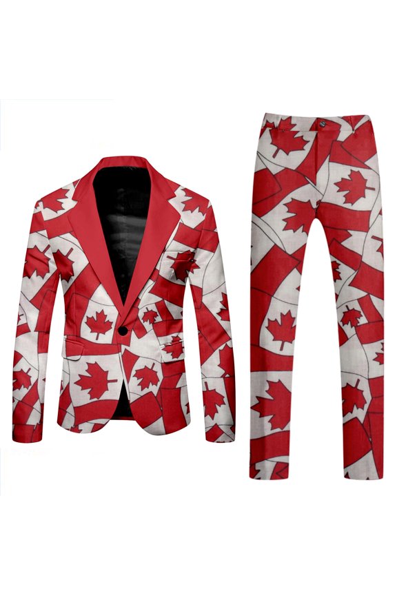 Canada Day Tuxedo Suits for Men 2 Piece Maple Leaf Printed Lapel V Neck One Button Blazer and Pant Matching Set for Holiday Party Events