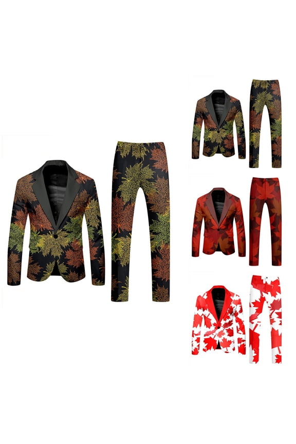 Canada Day Tuxedo Suits for Men 2 Piece Maple Leaf Printed Lapel V Neck One Button Blazer and Pant Matching Sets for Holiday Party Events