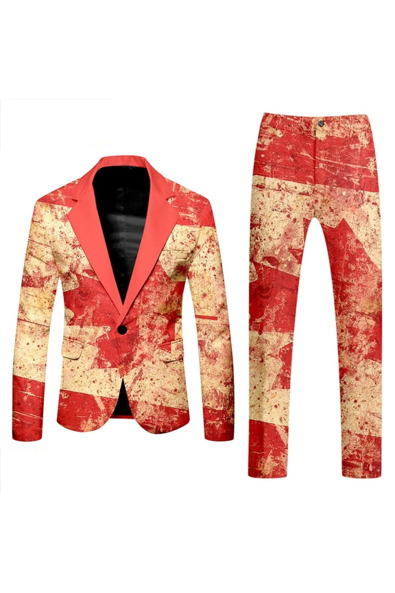 Canada Day Tuxedo Suits for Men 2 Piece Maple Leaf Printed Lapel V Neck One Button Blazer and Pant Matching Sets for Holiday Party Events