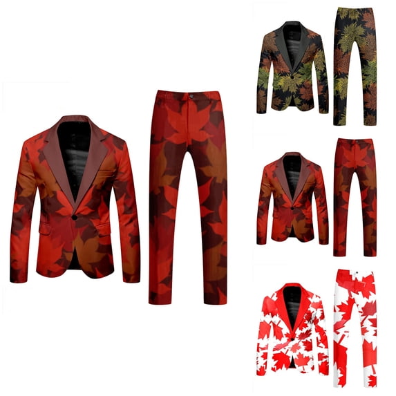 Canada Day Tuxedo Suits for Men 2 Piece Maple Leaf Printed Lapel V Neck One Button Blazer and Pant Matching Sets for Holiday Party Events