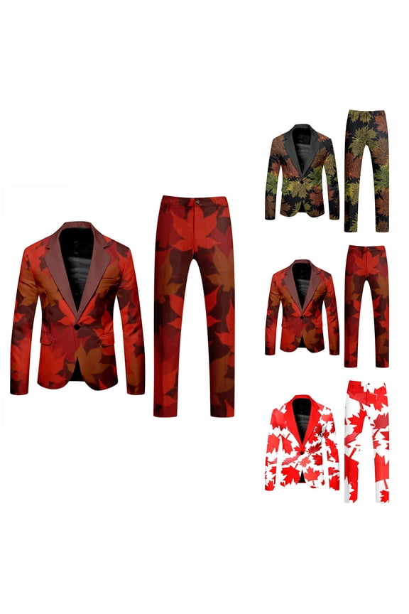 Canada Day Tuxedo Suits for Men 2 Piece Maple Leaf Printed Lapel V Neck One Button Blazer and Pant Matching Sets for Holiday Party Events