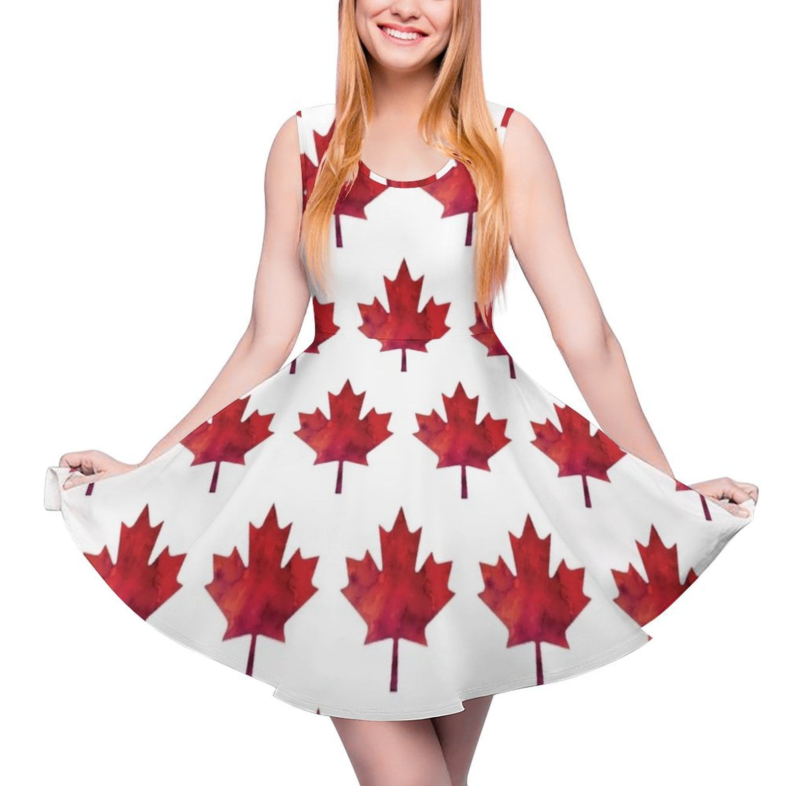 Canada Day Watercolour Maple Leaf Pattern Sleeveless Dress prom dresses
