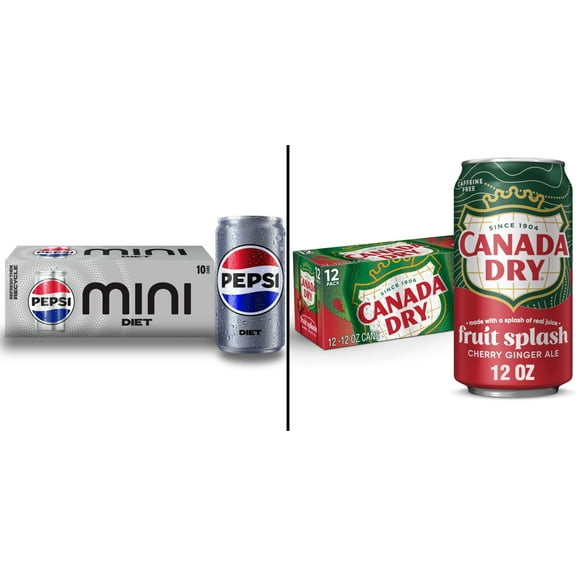 Canada Dry Cherry Ginger Ale Fruit Splash 12 fl oz Pack of 12 & Diet Pepsi Soda 7.5 fl oz Mini Cans Pack of 10