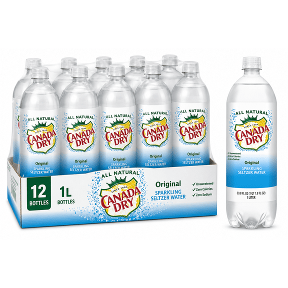 Canada Dry Original Sparkling Seltzer Water, All Natural, Unsweetened, Zero Calories, Zero Sodium, 12 Bottles, 1 Liter