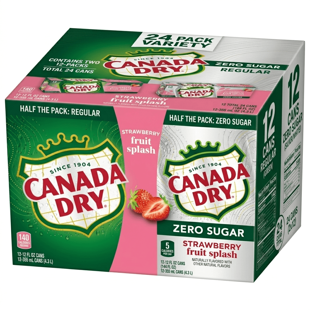 Canada Dry Strawberry Fruit Splash Ginger Ale Variety Pack, 12 fl oz Cans, 24 Pack (Regular + Zero Sugar)