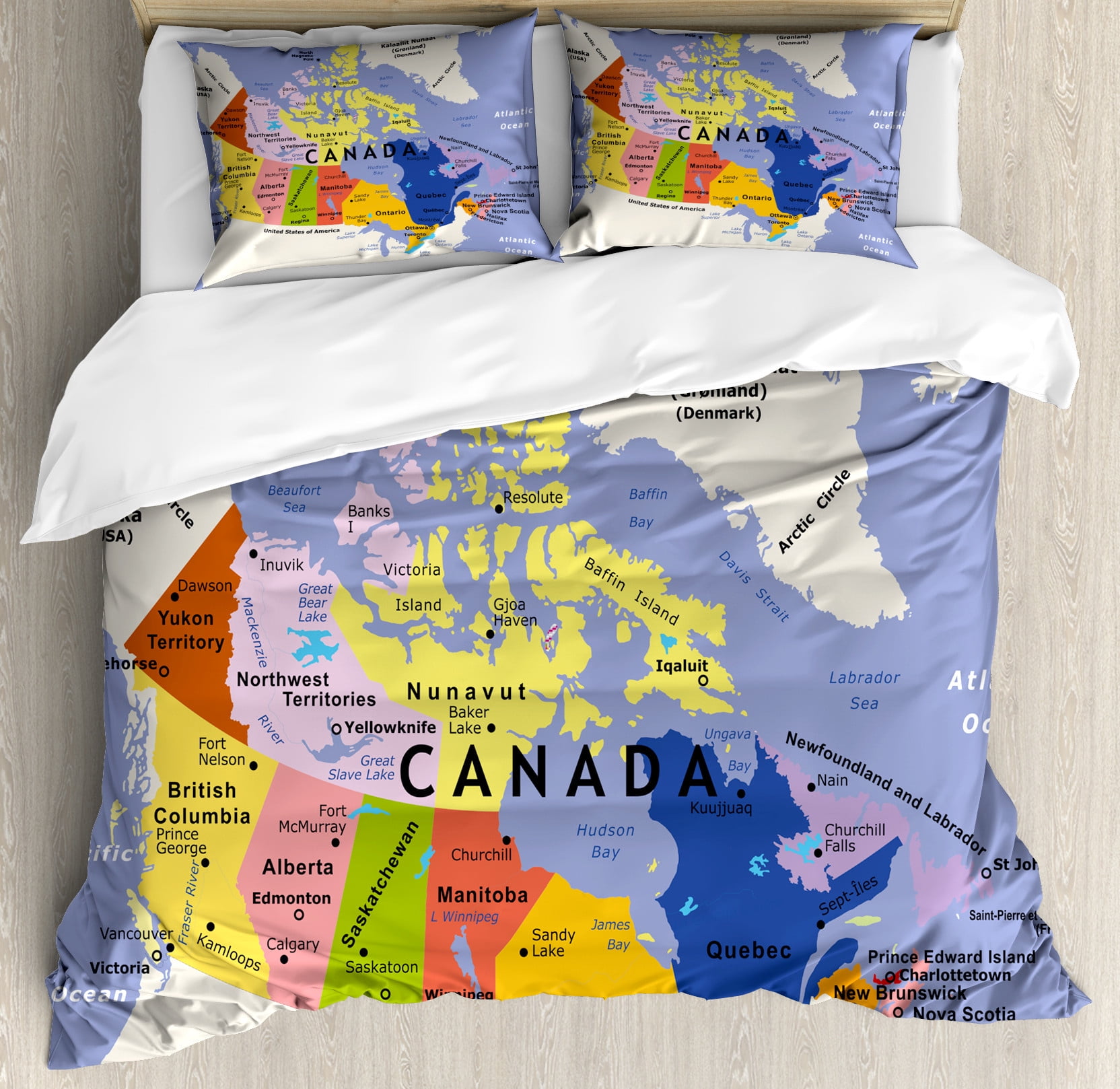 Canada Duvet Cover Set, Detailed Map of Atlantic Ocean North Pole Pacific USA and Surroundings