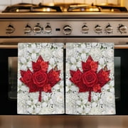 Canada Flag Floral Kitchen Towels Set of 1, Abstract Art Red White Flowers Maple Absorbent Dish Towels for Kitchen, Microfiber Hand Towel, Quick Drying Tea Towel for Cleaning Decorative Dishcloths