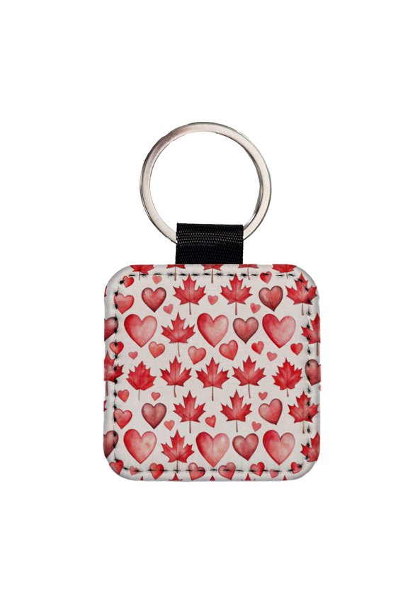 Canada Flags Maple Leaf Hearts Watercolor Faux Leather Square Keychain