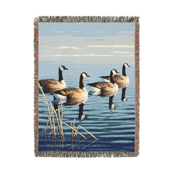Canada Geese, Reeds and Blue Water Woven Blanket, 100% Cotton, Tan, Black and White