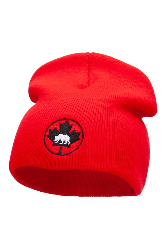 Canada Leaf With Bear Embroidered 8 Inch Knitted Short Beanie - Red OSFM