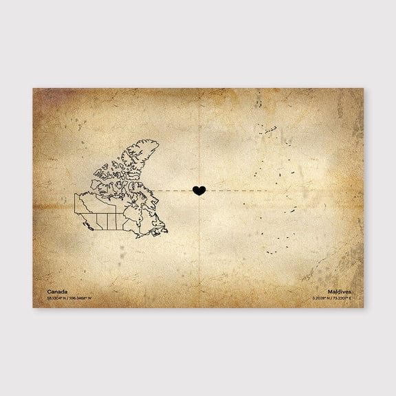 Canada Maldives Map Canvas Wall Art 8x12 inch -Canada Maldives Map Rustic Canvas Decor with Distressed Vintage Style for Home Interior