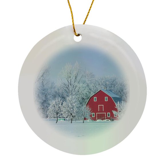 3drose, Canada, Manitoba, Grande Pointe. Red Barn with Rime Ice on Trees. 2, Circle Porcelain Ornament
