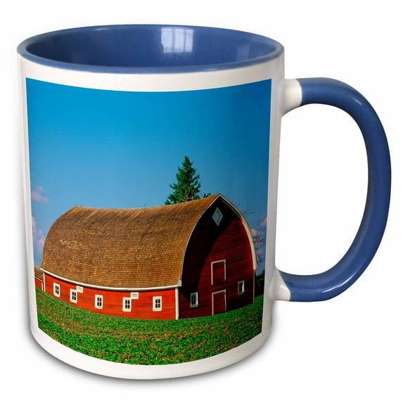 Canada, Manitoba, Pilot Mound. Red barn in farm field. 11oz Two-Tone Blue Mug mug-343333-6