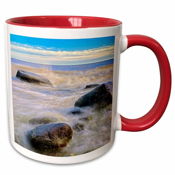 Canada, Manitoba. Waves crashing on shoreline rocks of Lake Winnipeg. 11oz Two-Tone Red Mug mug-205575-5