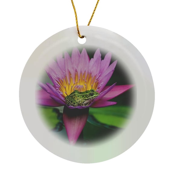 3drose, Canada, Manitoba, Winnipeg. Northern Leopard Frog in Lily Pad Flower., Circle Porcelain Ornament