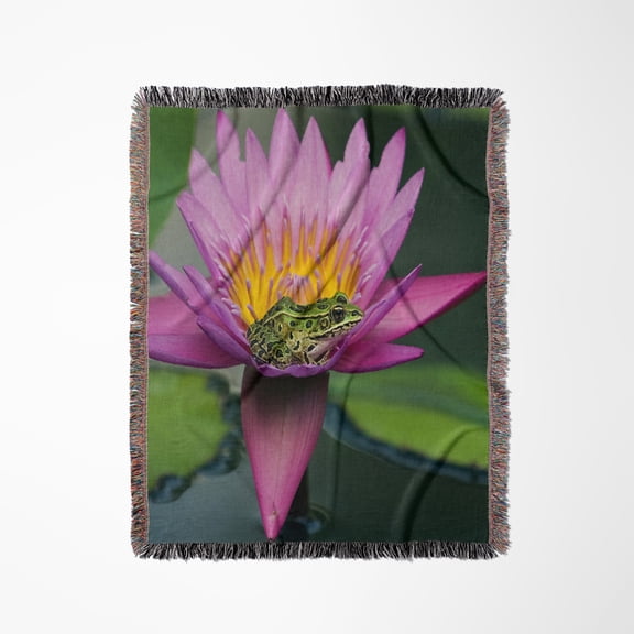 Canada, Manitoba, Winnipeg. Northern Leopard Frog In Lily Pad Flower., Woven Blanket