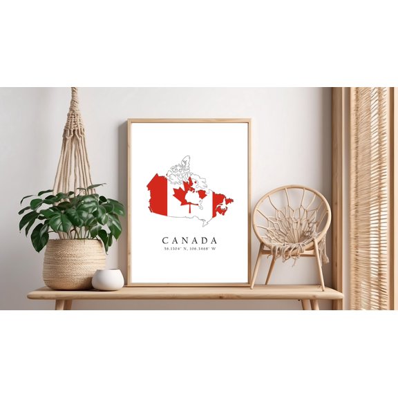 Canada Map Modern Flag Latitude Longitude Coordinates Decorative Wall Art Poster , Poster Print Only