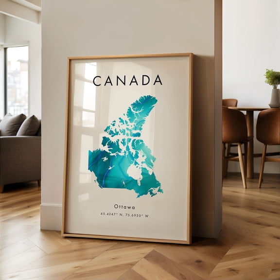Canada Map PRINTED Poster Turquoise and Blue North America Wall Art Print Home Decor Geography Map Gift Wallpaper