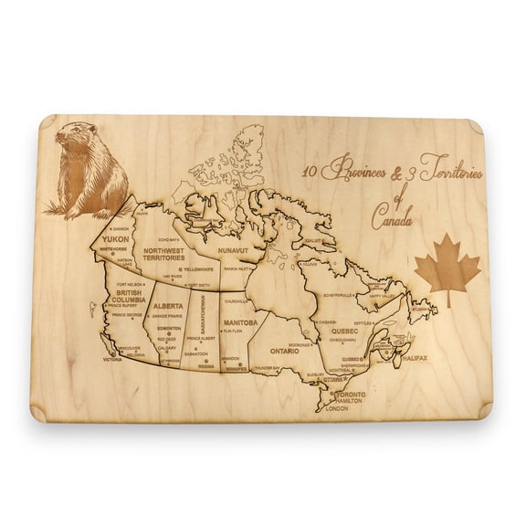Canada Map - Puzzle Map - Art Kit - Raw Wood 18x12 Inches - 18 pieces - With Stand