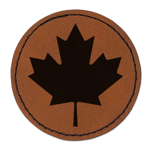 Canada Maple Leaf 2.5" Faux Leather Round Engraved Iron-On Patch - Brown