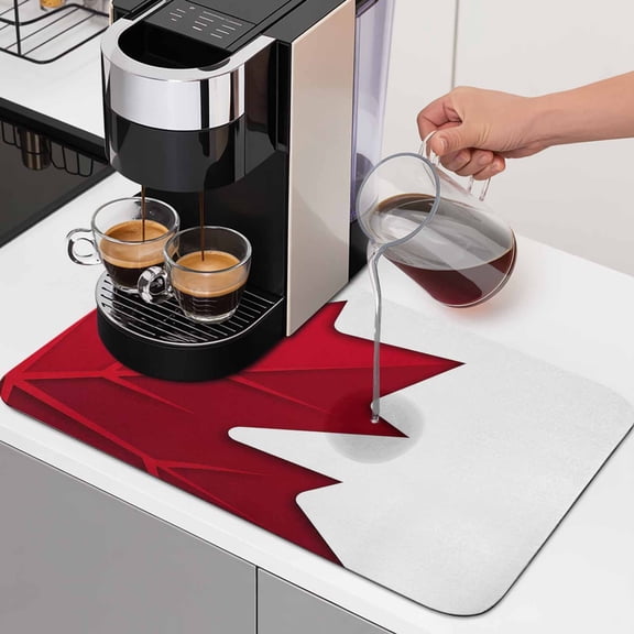 Canada Maple Leaf Dish Drying Mats for Kitchen Counter, Canada Day July 1st Absorbent Coffee Bar Mat with Non-slip Rubber Backed Quick Drying Dish Rack Pad 12"x16"