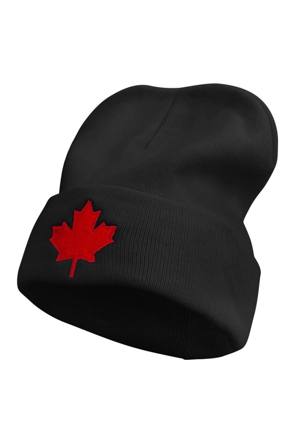 Canada Maple Leaf Embroidered Big Size Superior Cotton Long Knitting Beanie - Black XL-3XL