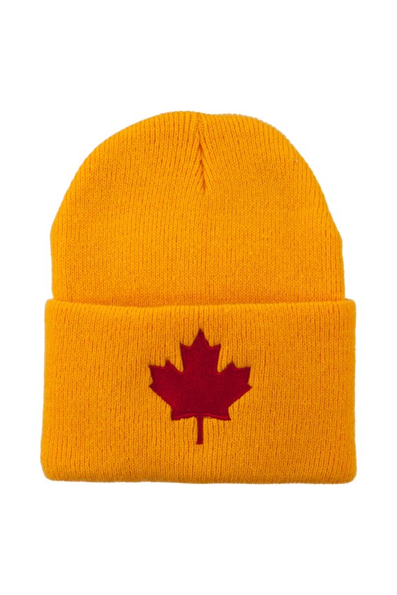 Canada Maple Leaf Embroidered Long Beanie - Yellow OSFM