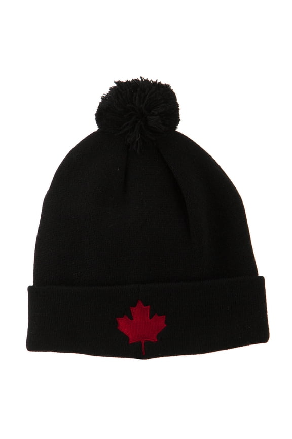 Canada Maple Leaf Embroidered Pom Beanie - Black OSFM