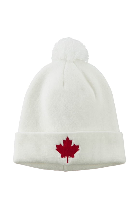 Canada Maple Leaf Embroidered Pom Beanie - White OSFM
