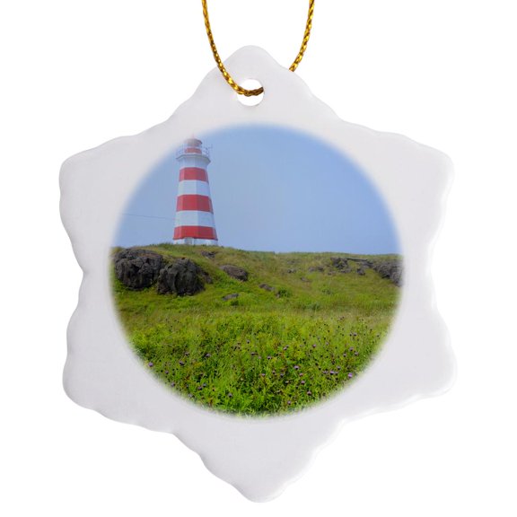 3drose, Canada, Nova Scotia, Brier Island. Brier Island Lighthouse., 3 inch Snowflake Porcelain Ornament