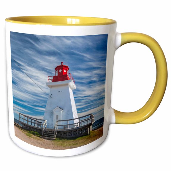 3drose, Canada, Nova Scotia, Cabot Trail. Neils Harbour Lighthouse., 15oz Two-tone Yellow Mug