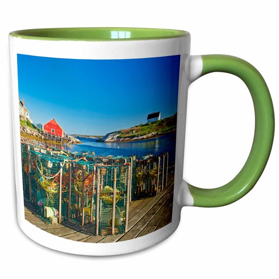 3drose, Canada, Nova Scotia, Peggys Cove. Fishing Gear and Harbor., 11oz Two-tone Green Mug