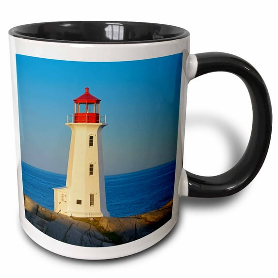 3drose, Canada, Nova Scotia. Peggys Cove Lighthouse at Dawn, 11oz Two-tone Black Mug