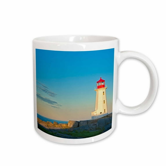 3drose, Canada, Nova Scotia. Peggys Cove Lighthouse at Dawn., 15oz Mug