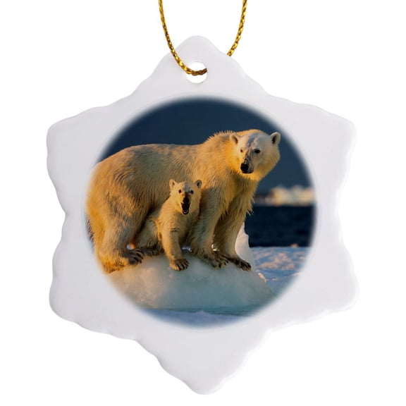3drose, Canada, Nunavut Territory, Repulse Bay, Polar Bear Cub Beneath Mother., 3 inch Snowflake Porcelain Ornament