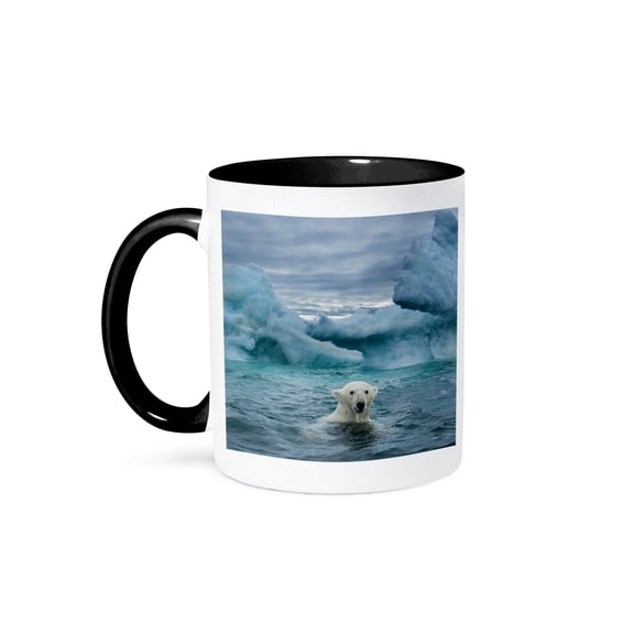 3dRose, Canada, Nunavut Territory, Repulse Bay, Polar Bear near icebergs., 11oz Two-Tone Black Mug