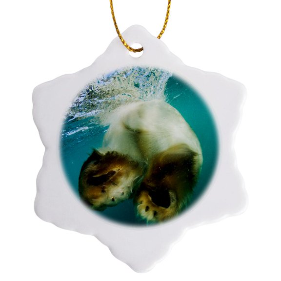 3drose, Canada, Nunavut Territory, Underwater, Polar Bear Swimming, 3 inch Snowflake Porcelain Ornament
