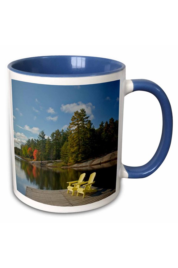 , Canada, Ontario, Grundy Lake Pp. Muskoka Chairs on Lake Dock., 15oz Two-tone Blue Mug