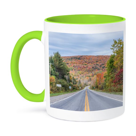 3dRose, Canada, Quebec, Eastern Townships, Country Road with autumn color., 11oz Two-Tone Green Mug