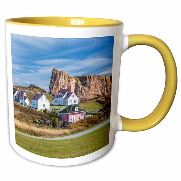 3drose, Canada, Quebec, Perce. Village Buildings and Perce Rock, 11oz Two-tone Yellow Mug